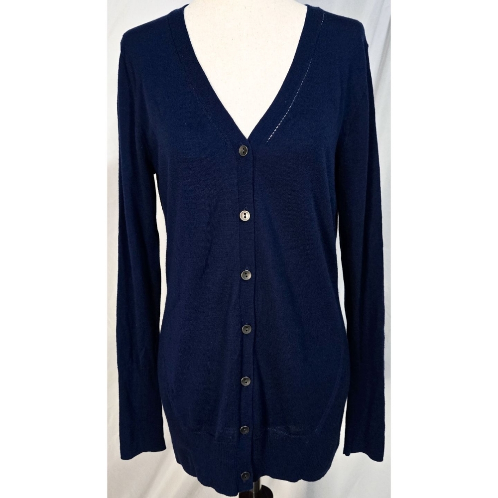 Ibex Merino Wool Silk Cardigan Sweater Navy Blue V Neck Knit Buttons Classic
